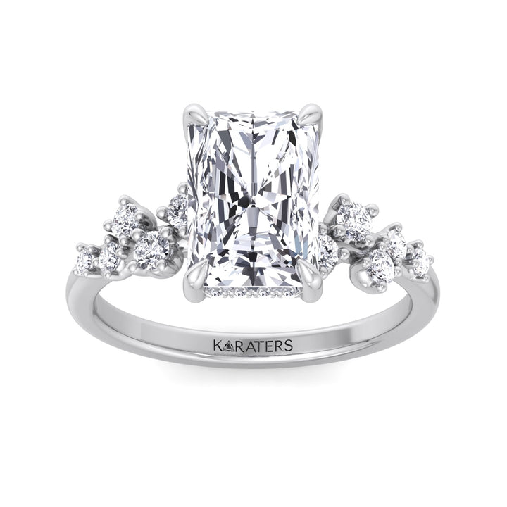 Radiant cut Lab Diamond Hidden Halo  Ring Side Stones White 