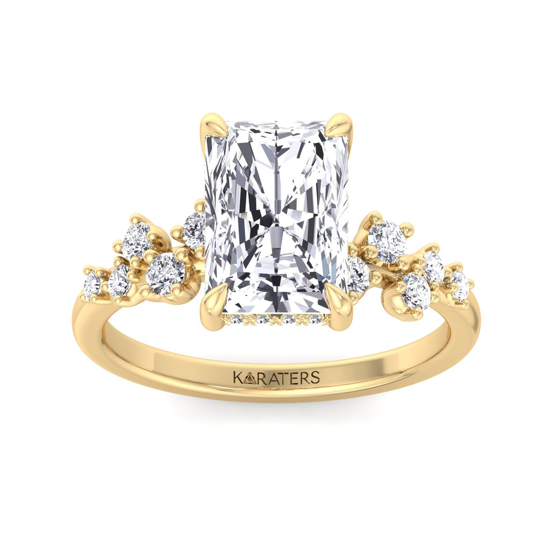 Radiant cut Lab Diamond Hidden Halo  Ring Side Stones Yellow
