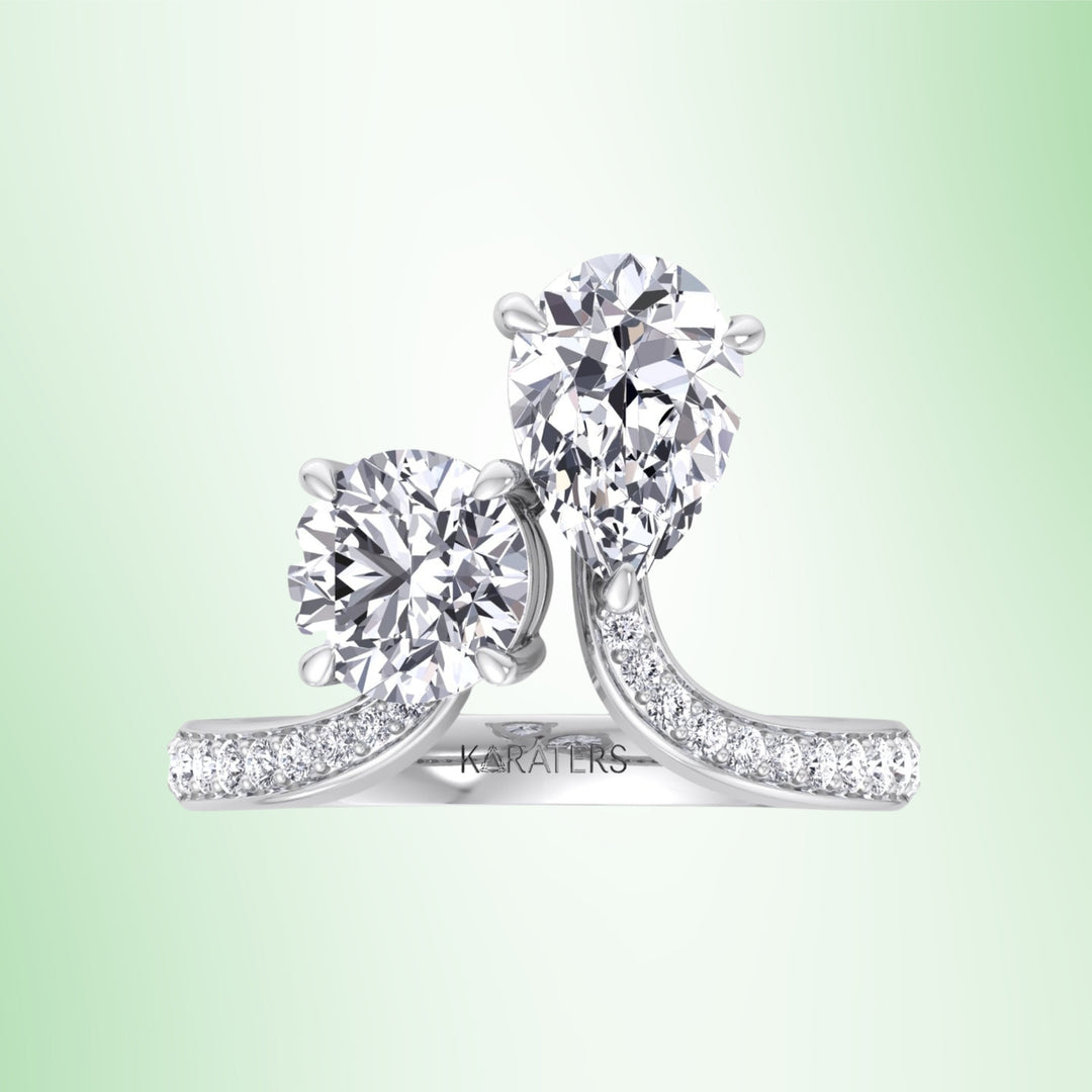 Regina - Toi et Moi Round Pear Lab Diamond Bypass Engagement Ring Pave Band