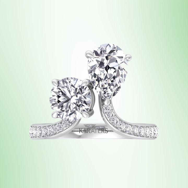 Regina - Toi et Moi Round Pear Lab Diamond Bypass Engagement Ring Pave Band
