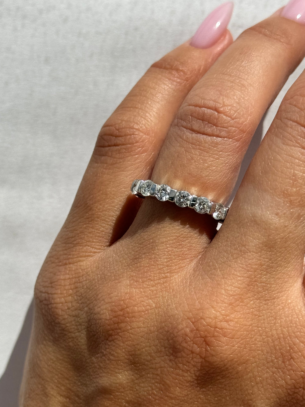 Requena-Round Lab White Gold Diamond Bar Set Eternity Band, Female Hand