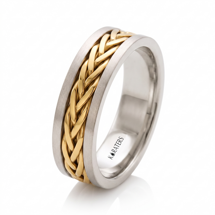 Two Tone Braided Men's Solid Gold Band WG 2