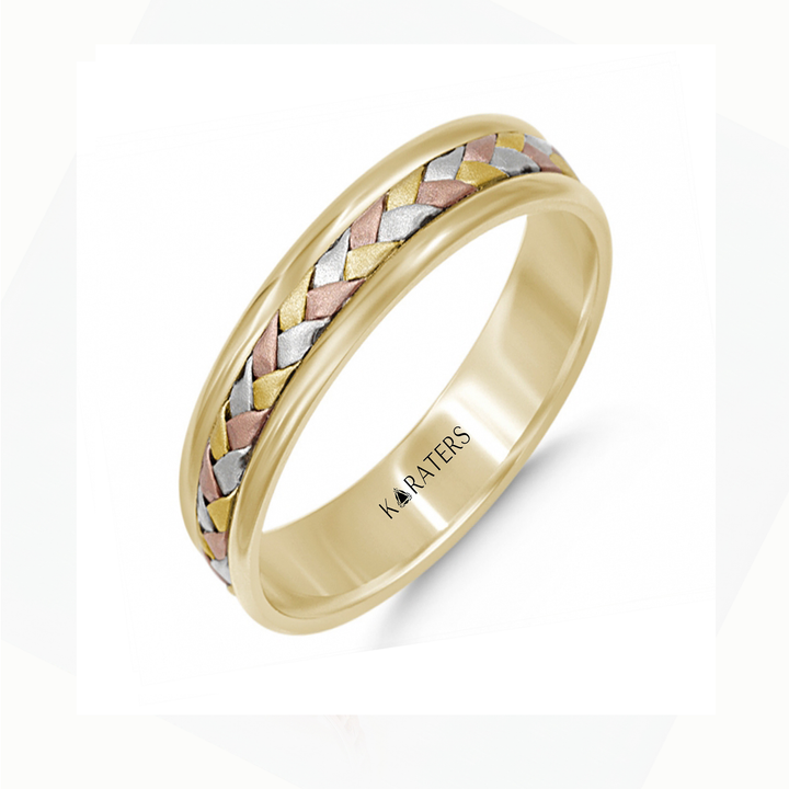 Tri-color Woven Braided Men's Solid Gold Band YG 2
