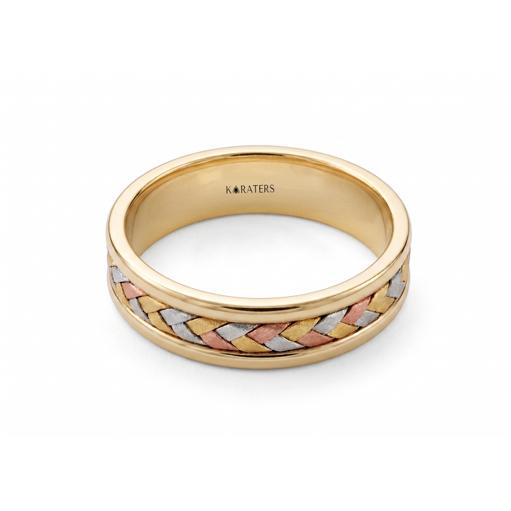 Tri-color Woven Braided Men's Solid Gold Band YG 3