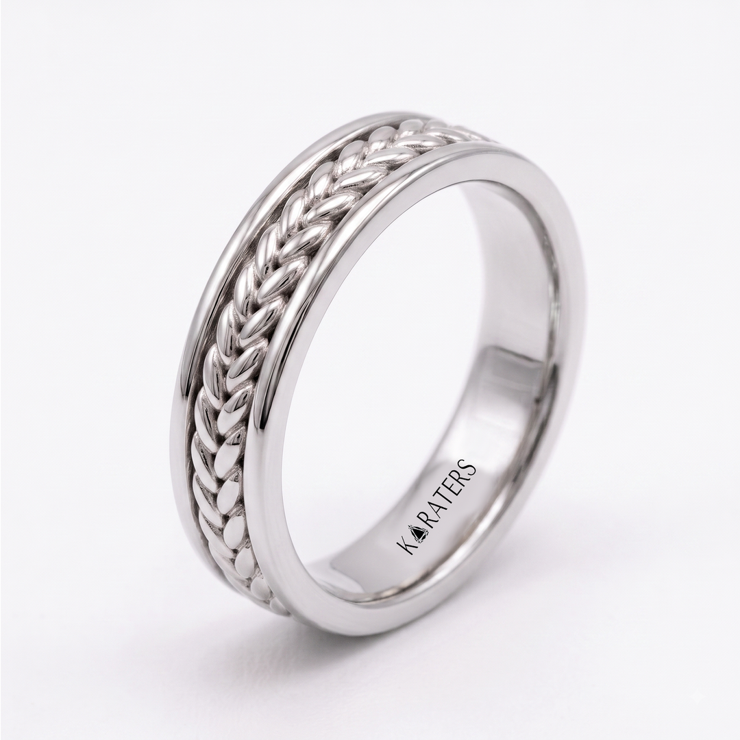 Woven Braided Men's Solid Gold Band Ring  WG