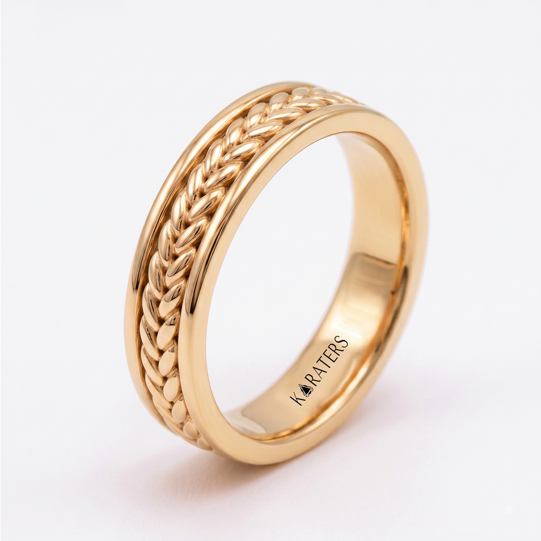 Woven Braided Men's Solid Gold Band Ring  YG
