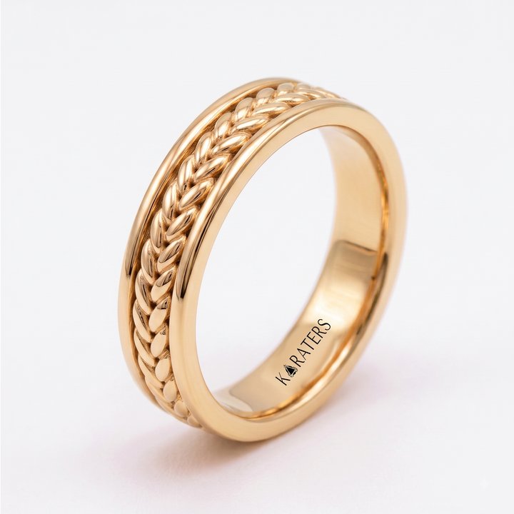 Woven Braided Men's Solid Gold Band Ring  YG