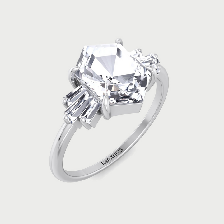 Rose Cut Hexagon Shape Lab Grown Diamond Engagement Ring with Tapered Baguettes