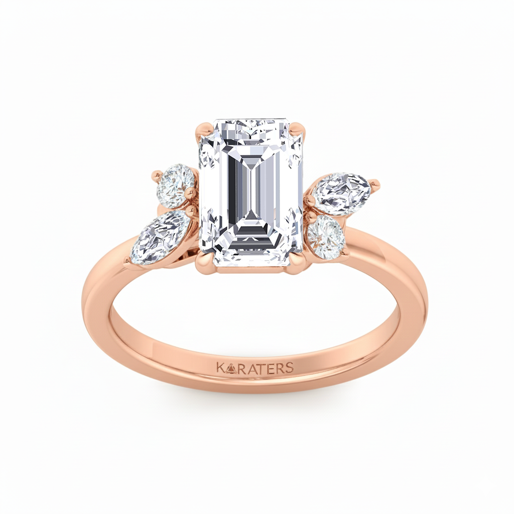 Rose Gold Emerald with Marquise and Round stone front view