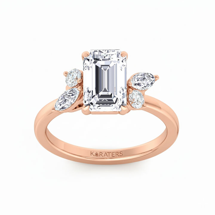 Rose Gold Emerald with Marquise and Round stone front view