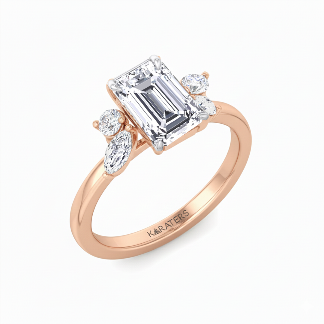 Rose Gold Emerald with Marquise and Round stone side view