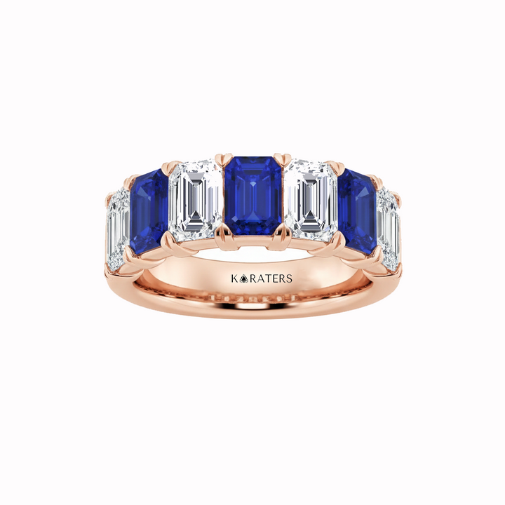 Rose Gold Emerald Cut Lab Grown Blue Sapphire and Diamonds Eternity Band front view