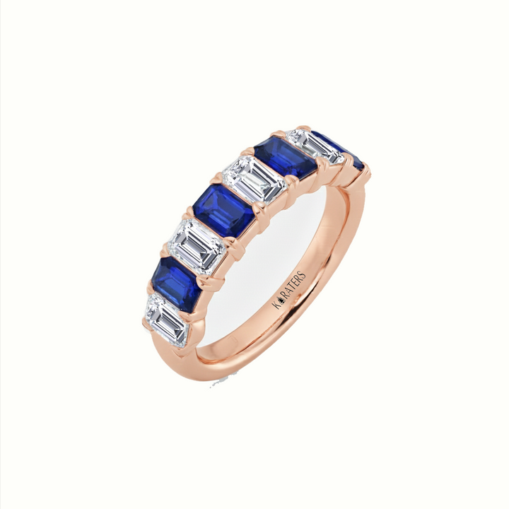 Rose Gold Emerald Cut Lab Grown Blue Sapphire and Diamonds Eternity Band Side View