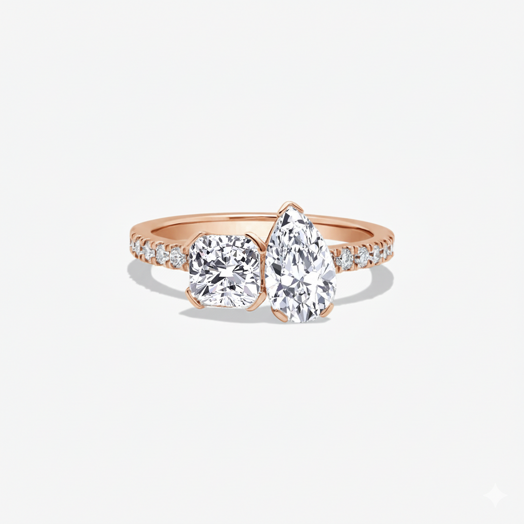 Rose Gold Cushion & Pear Shape Lab Grown Diamond Engagement Ring front view