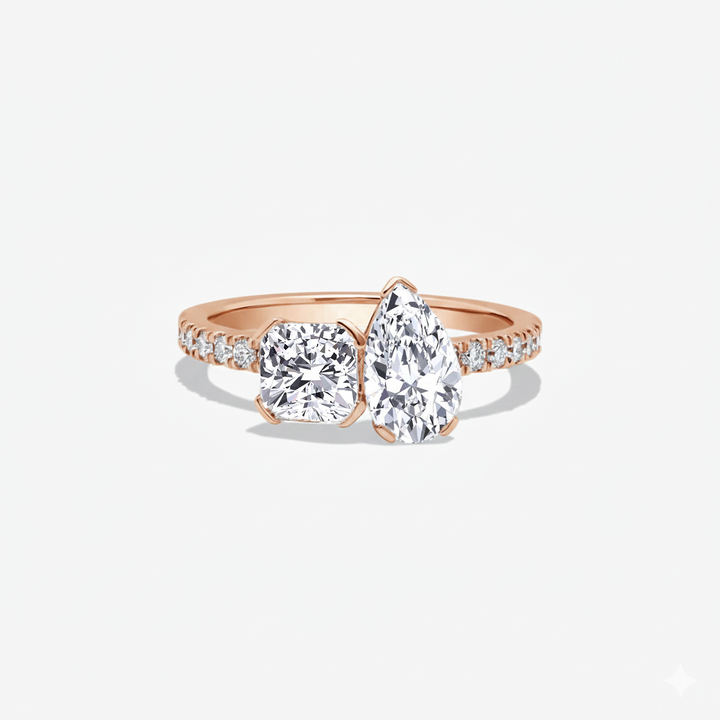 Rose Gold Cushion & Pear Shape Lab Grown Diamond Engagement Ring front view
