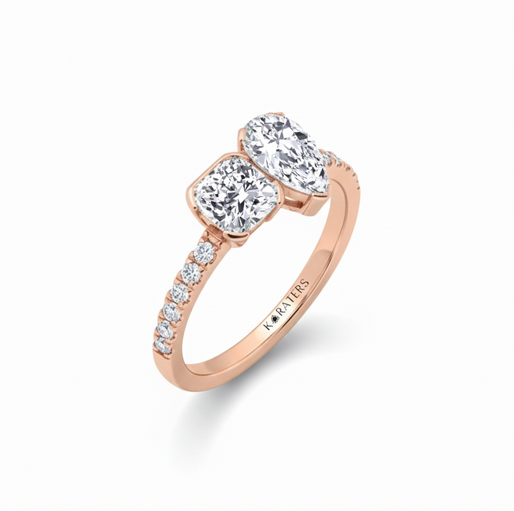 Rose Gold Cushion & Pear Shape Lab Grown Diamond Engagement Ring side view