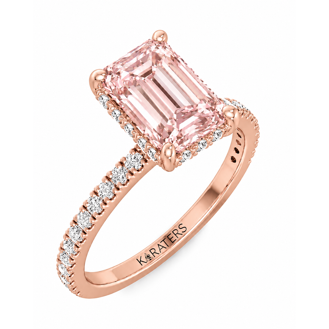 Fancy Pink Emerald Shape Lab-Grown Diamond Halo Pave Engagement Ring rose 