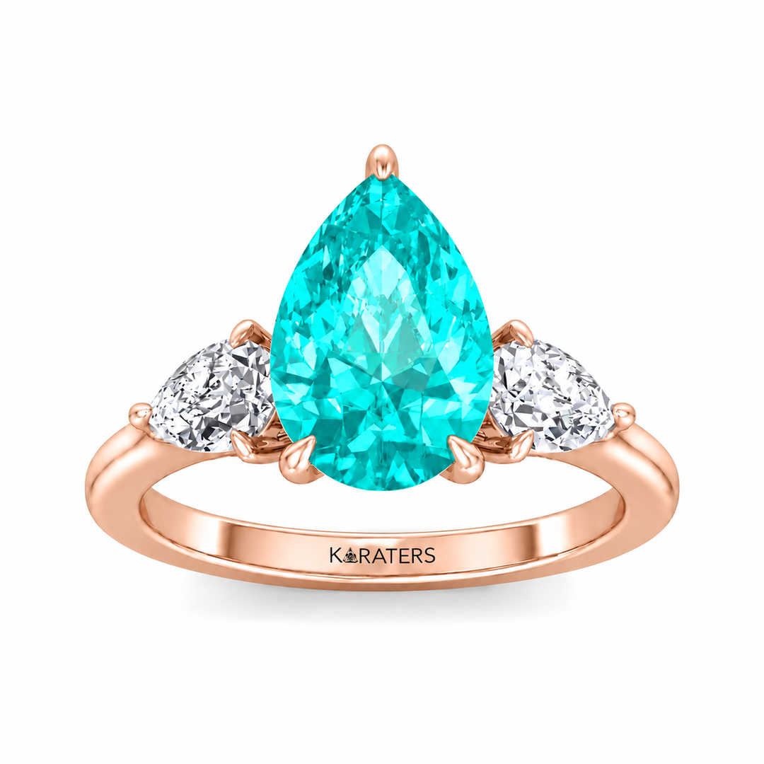 Pear Shape Paraiba Tourmaline Lab Grown Diamond Engagement Ring with Pear Sidestones RG2