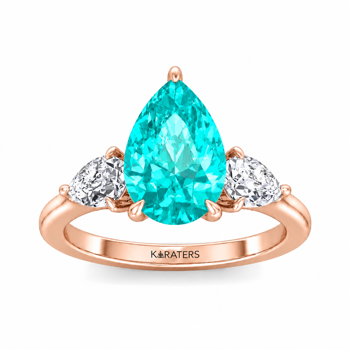 Pear Shape Paraiba Tourmaline Lab Grown Diamond Engagement Ring with Pear Sidestones RG2