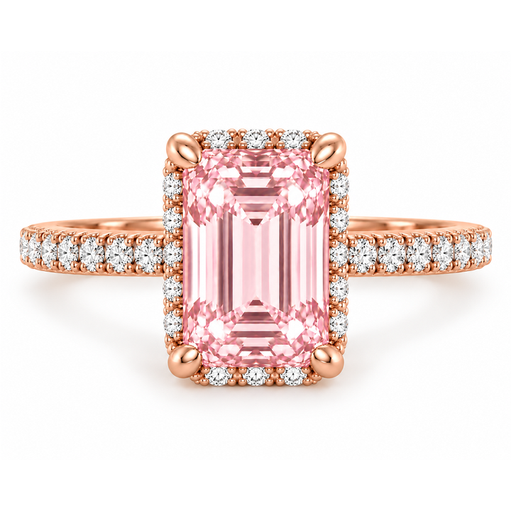 Fancy Pink Emerald Shape Lab-Grown Diamond Halo Pave Engagement Ring rose 2
