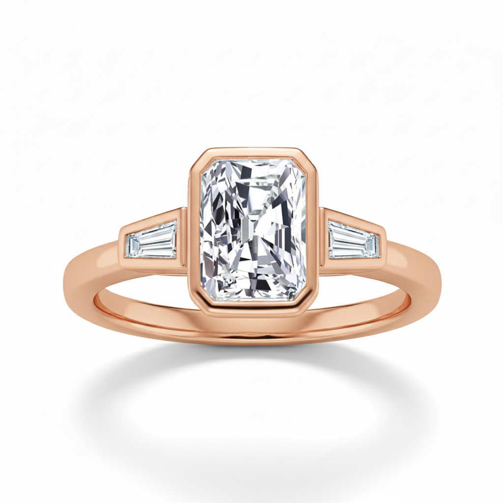 Rose Gold Radiant Cut Bezel Setting Lab Grown  Engagement Ring front view