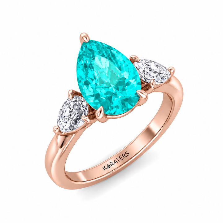 Pear Shape Paraiba Tourmaline Lab Grown Diamond Engagement Ring with Pear Sidestones RG
