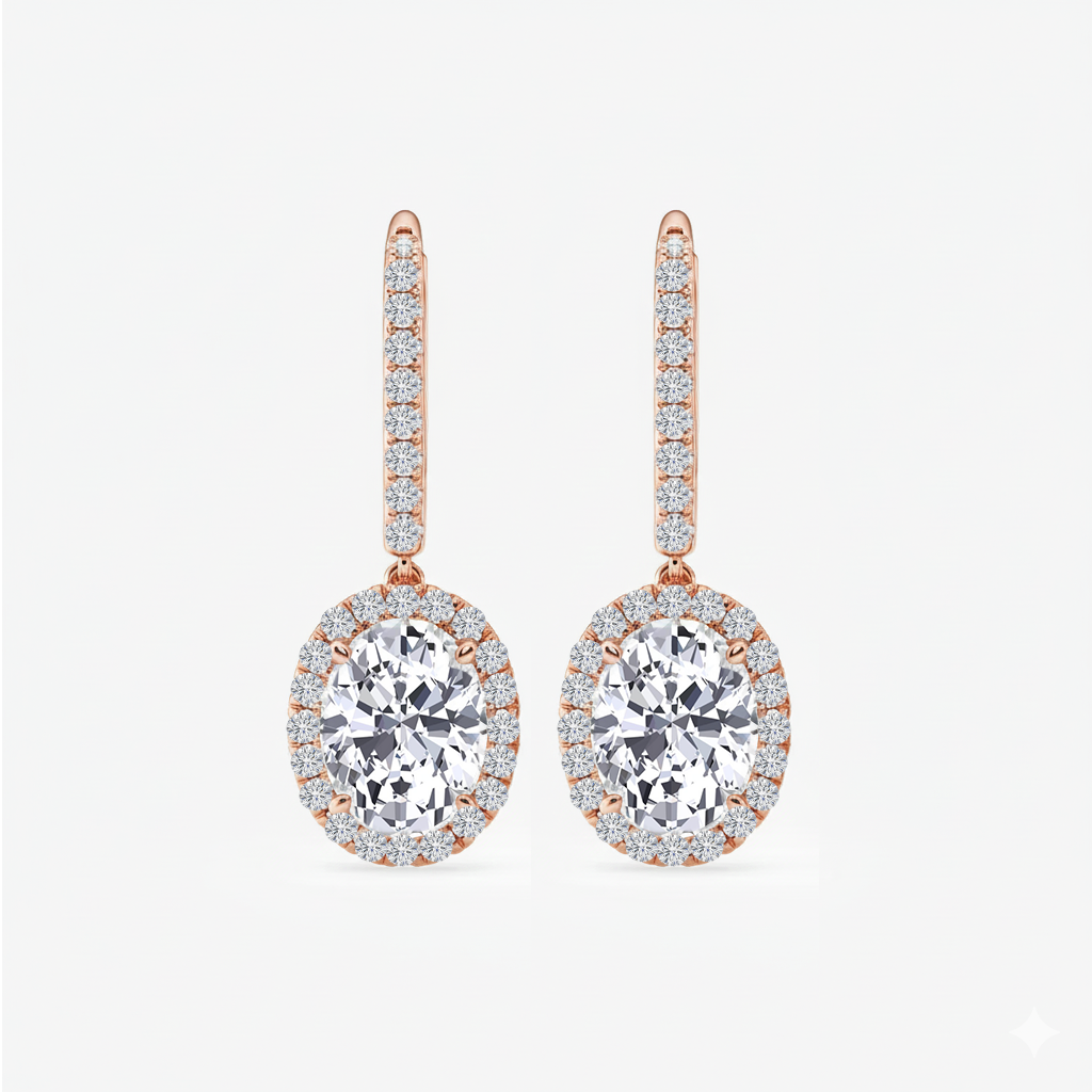 Oval Shape Lab Grown Diamond Halo Drop Earrings front view rose gold