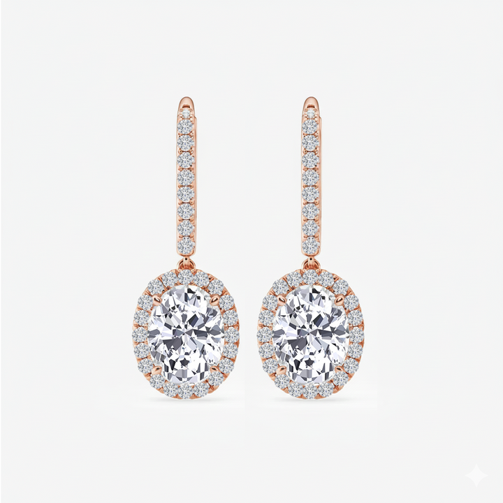 Oval Shape Lab Grown Diamond Halo Drop Earrings front view rose gold
