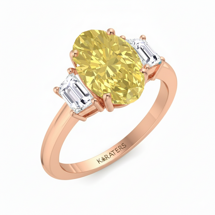 Yellow Oval Lab Grown Diamond with Trapizoid Side Stone Engagement Ring Rose Gold side view