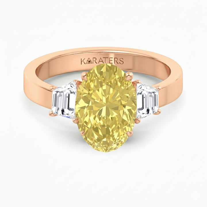 Yellow Oval Lab Grown Diamond with Trapizoid Side Stone Engagement Ring Rose Gold front view