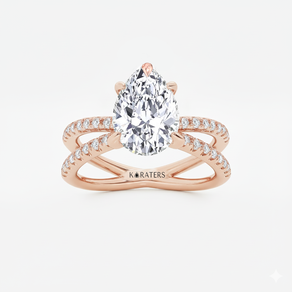 Pear Shape Lab Grown Diamond Engagement Ring with Double BAND SideStones rose gold top view