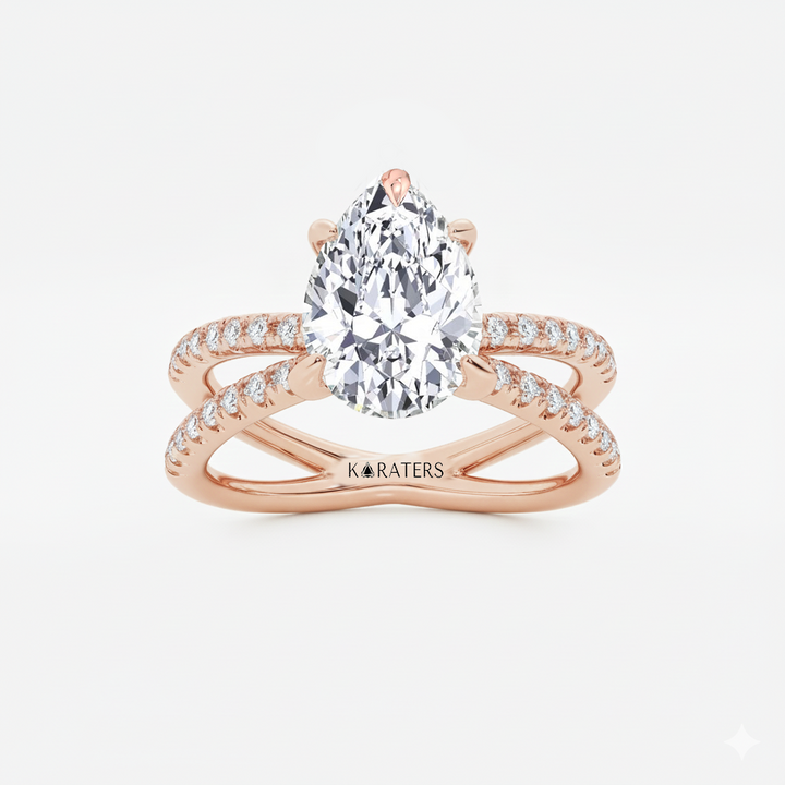 Pear Shape Lab Grown Diamond Engagement Ring with Double BAND SideStones rose gold top view