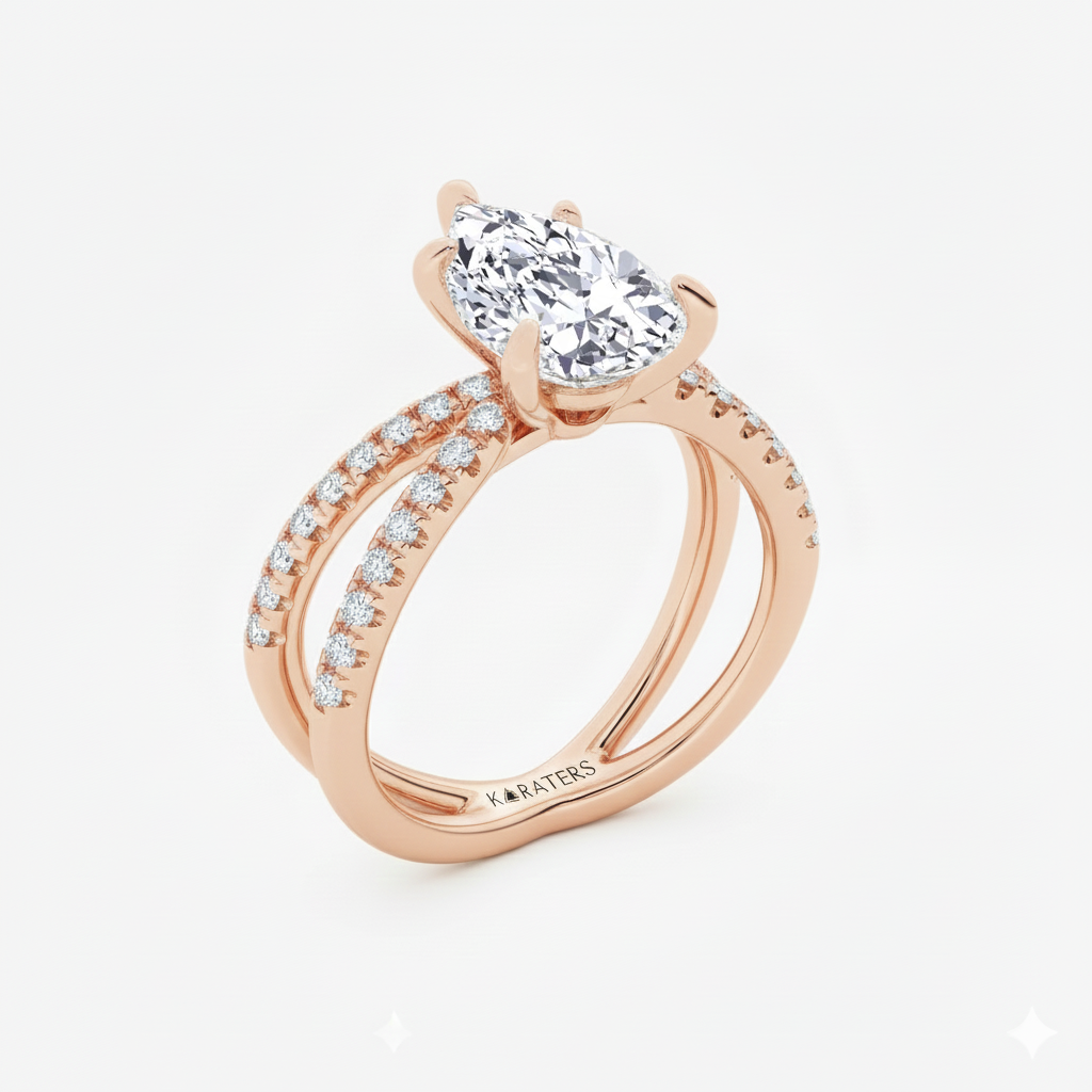 Pear Shape Lab Grown Diamond Engagement Ring with Double BAND SideStones rose gold side view