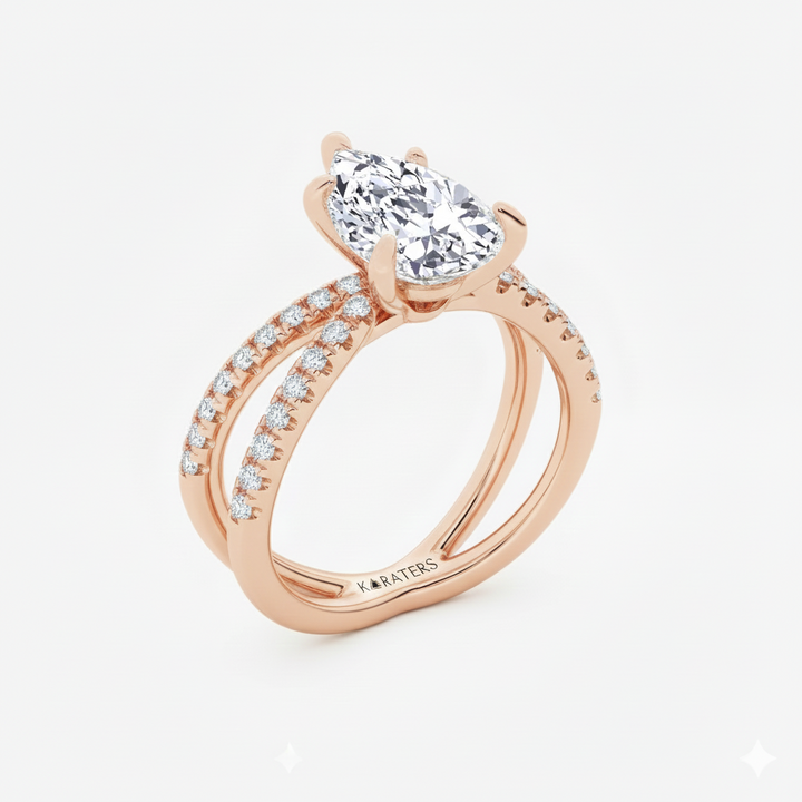 Pear Shape Lab Grown Diamond Engagement Ring with Double BAND SideStones rose gold side view