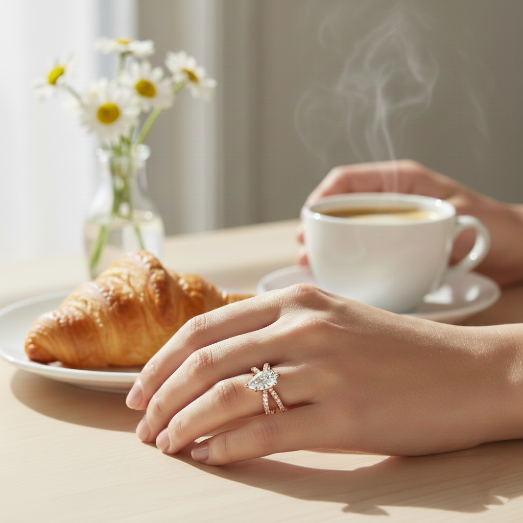 Pear Shape Lab Grown Diamond Engagement Ring with Double BAND SideStones rose gold lifestyle