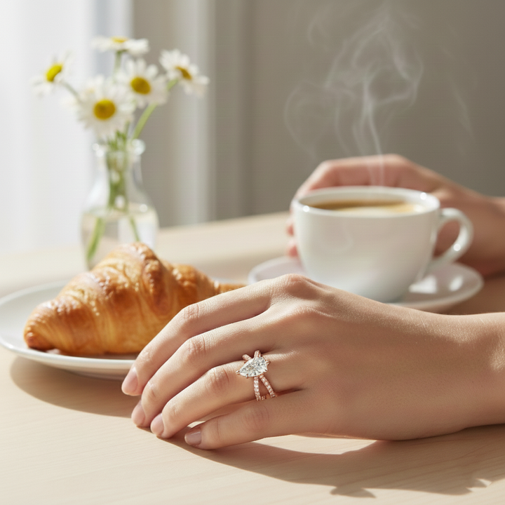 Pear Shape Lab Grown Diamond Engagement Ring with Double BAND SideStones rose gold lifestyle