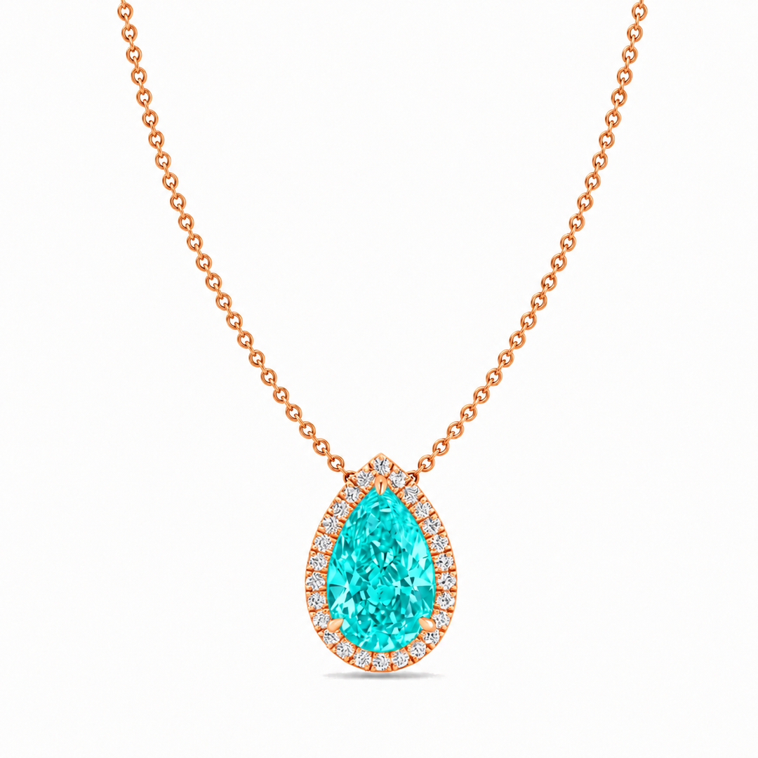 Pear Shape Halo Paraiba Tourmaline Lab Grown Diamond Pendant Rose