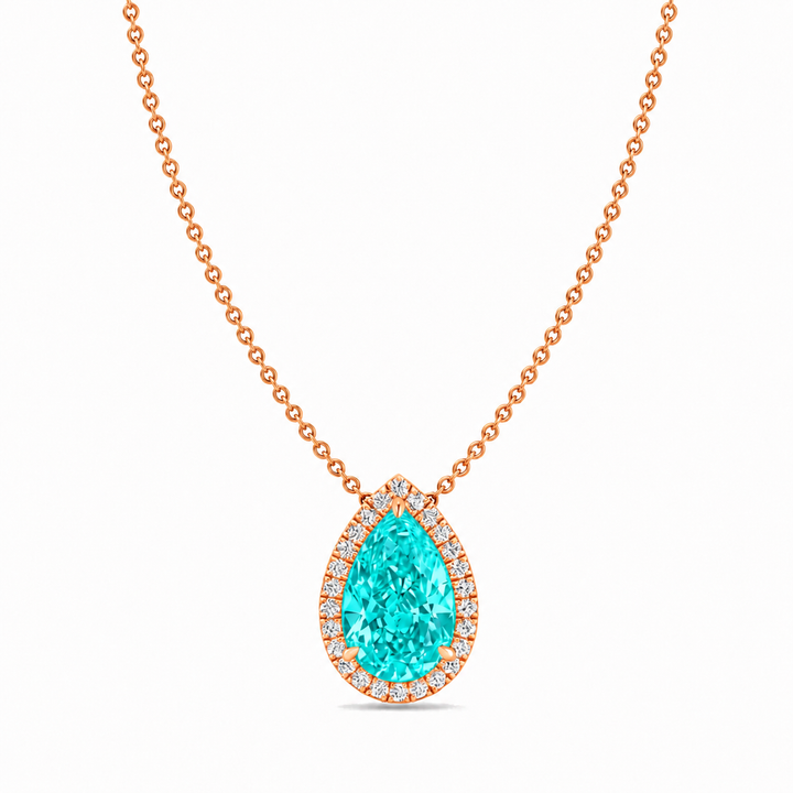 Pear Shape Halo Paraiba Tourmaline Lab Grown Diamond Pendant Rose