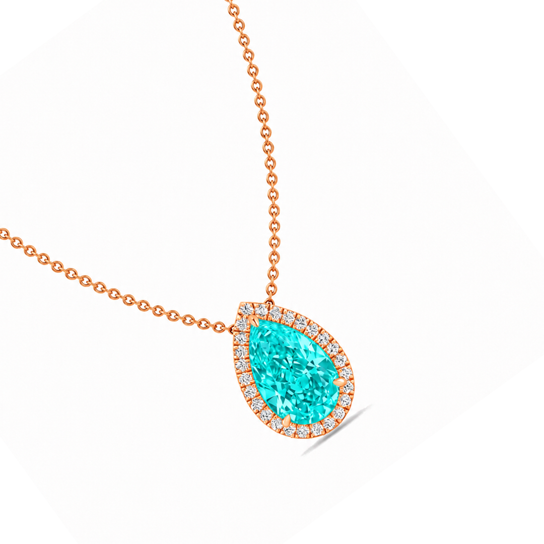 Pear Shape Halo Paraiba Tourmaline Lab Grown Diamond Pendant Rose 2