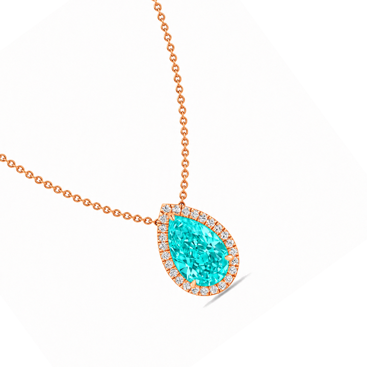 Pear Shape Halo Paraiba Tourmaline Lab Grown Diamond Pendant Rose 2