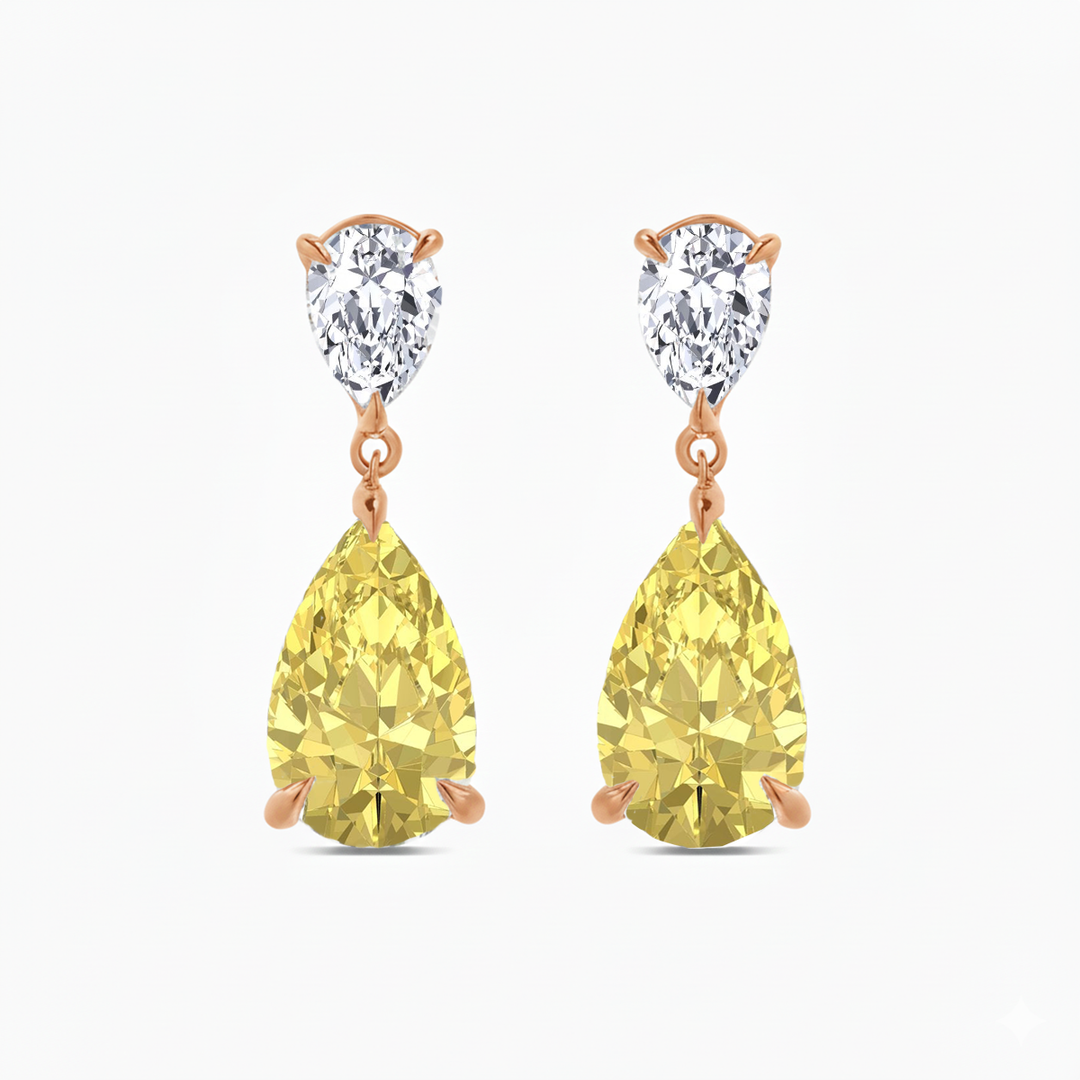 Fancy Yellow Pear Shape Lab Grown Diamond Drop Earrings Rose Gold 18K