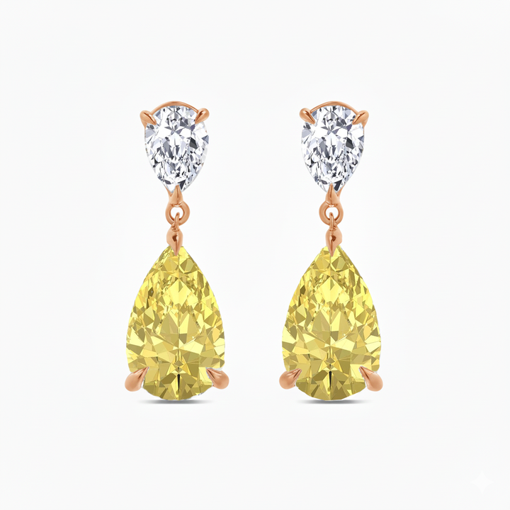 Fancy Yellow Pear Shape Lab Grown Diamond Drop Earrings Rose Gold 18K