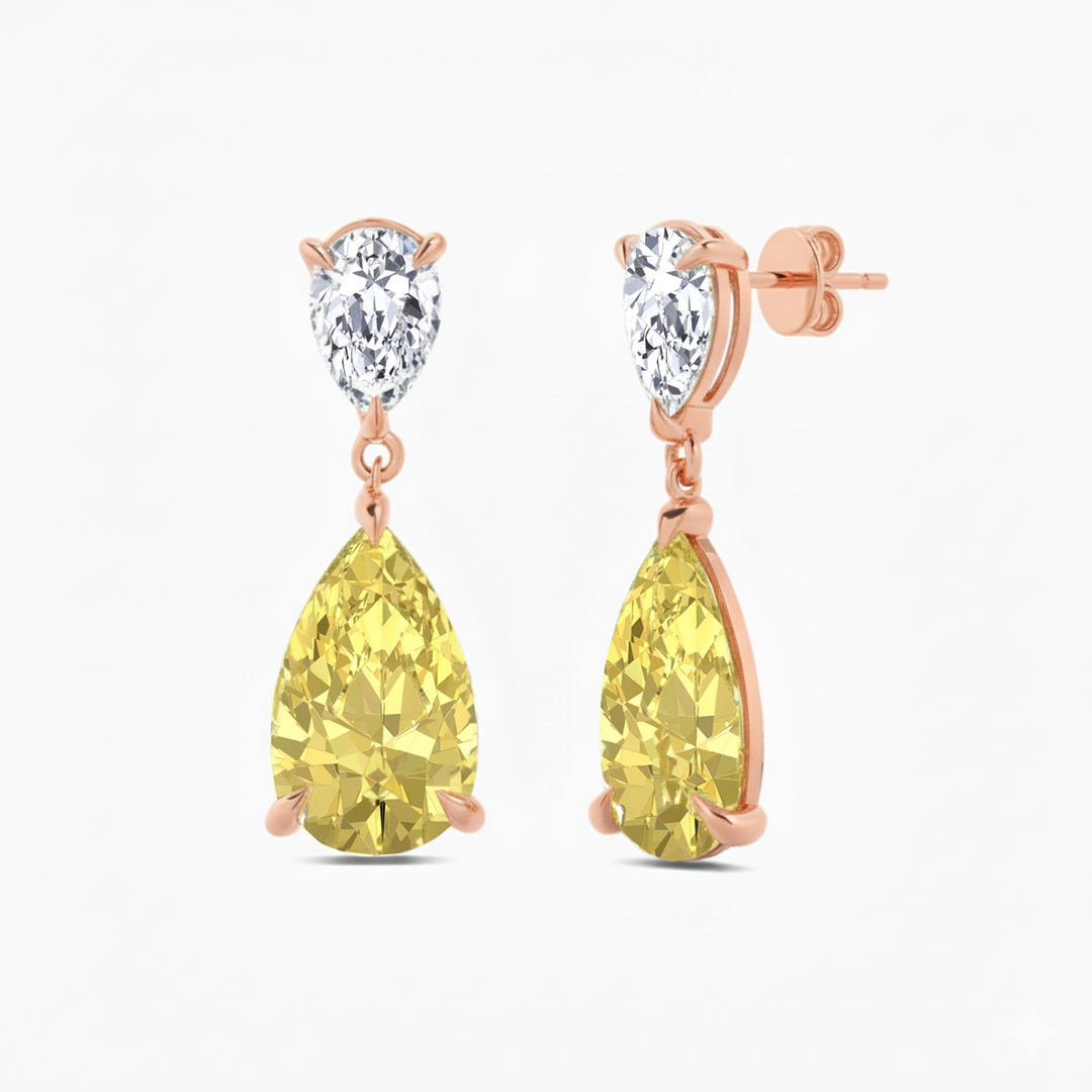Fancy Yellow Pear Shape Lab Grown Diamond Drop Earrings Rose Gold 14K