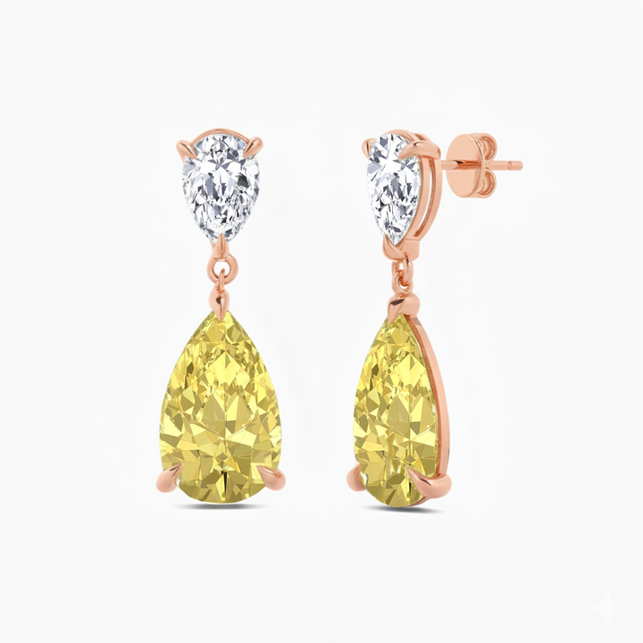 Fancy Yellow Pear Shape Lab Grown Diamond Drop Earrings Rose Gold 14K