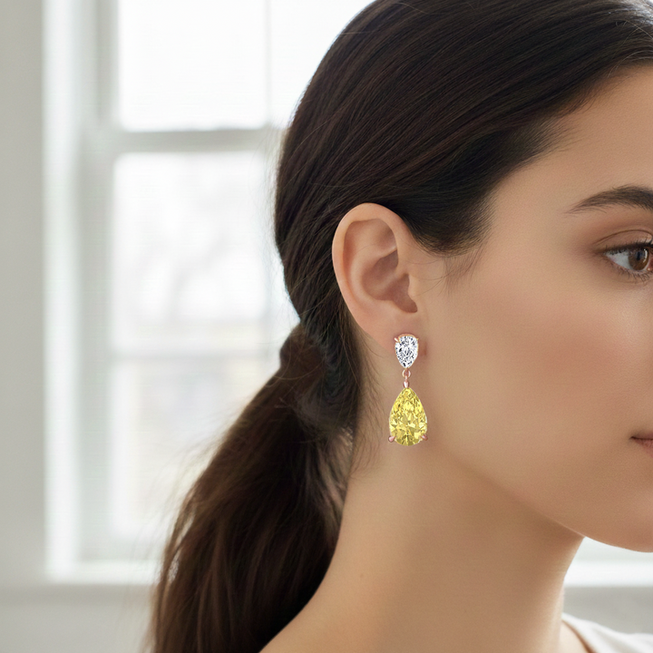 Fancy Yellow Pear Shape Lab Grown Diamond Drop Earrings Rose Gold