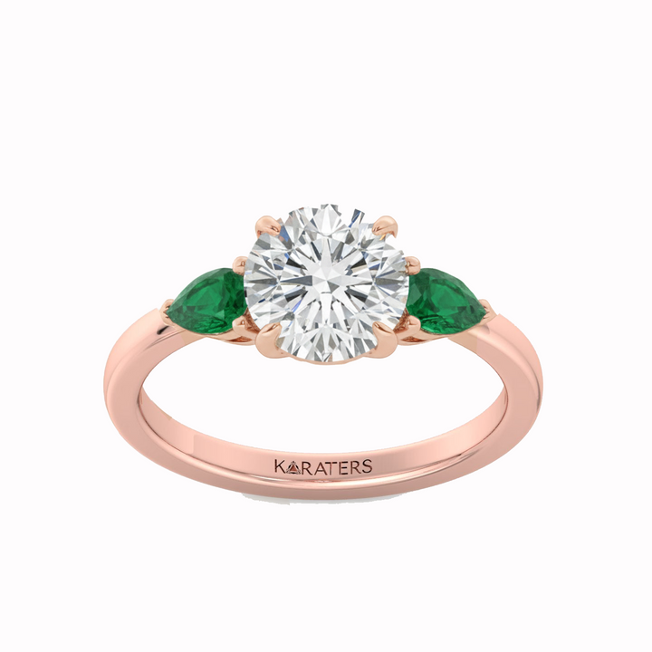 Rose Gold Round Lab Diamond with Pear Shape Emerald Side Stone front