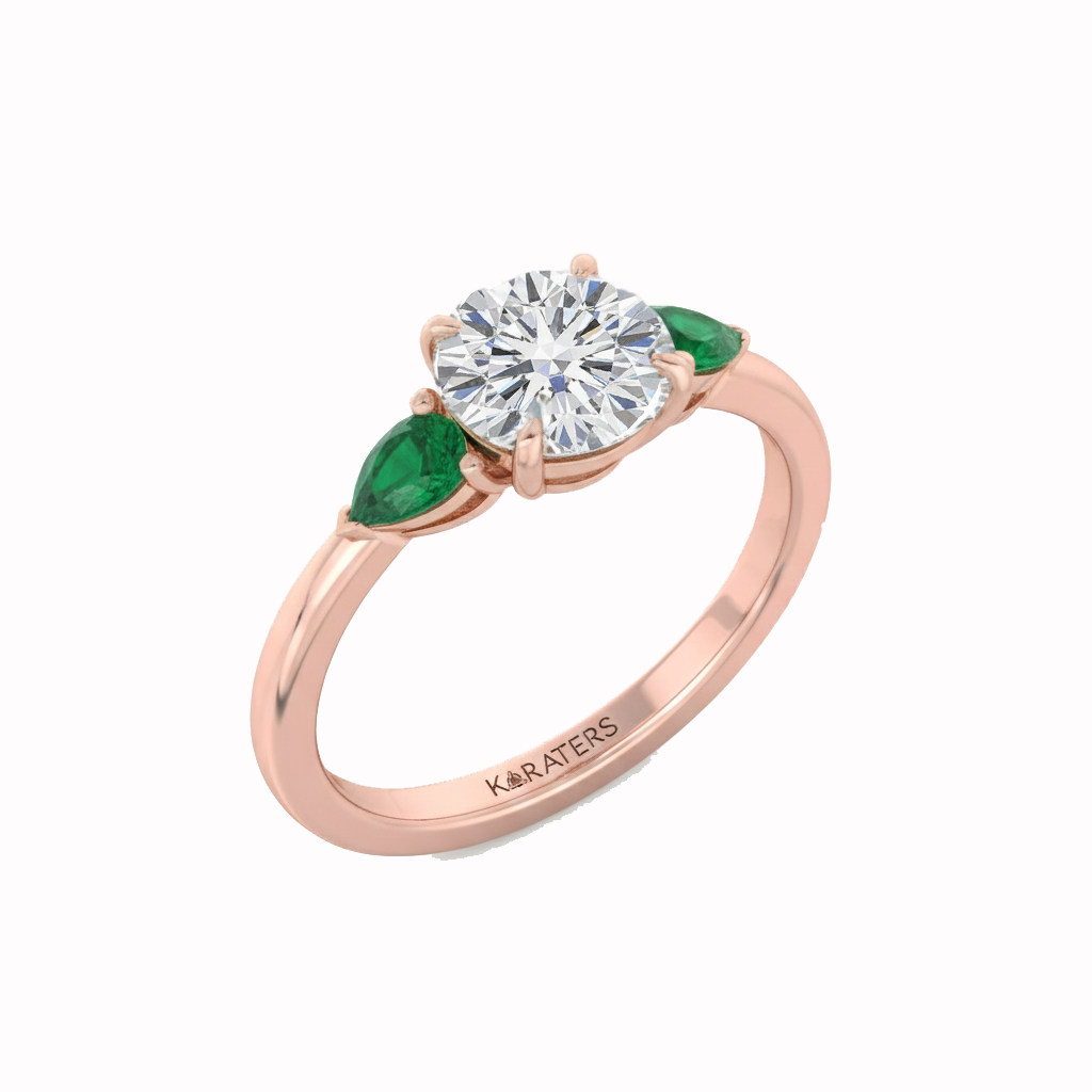 Rose Gold Round Lab Diamond with Pear Shape Emerald Side Stone side view
