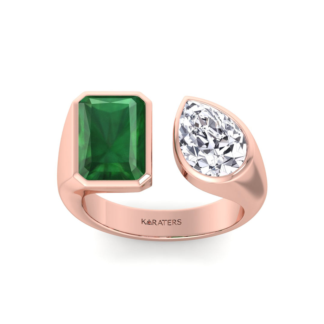 RG Radiant Green Emerald and Pear Shape Bezel Set Lab Grown Diamond top view