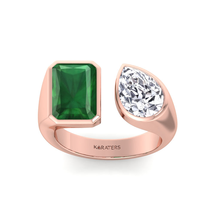 RG Radiant Green Emerald and Pear Shape Bezel Set Lab Grown Diamond top view