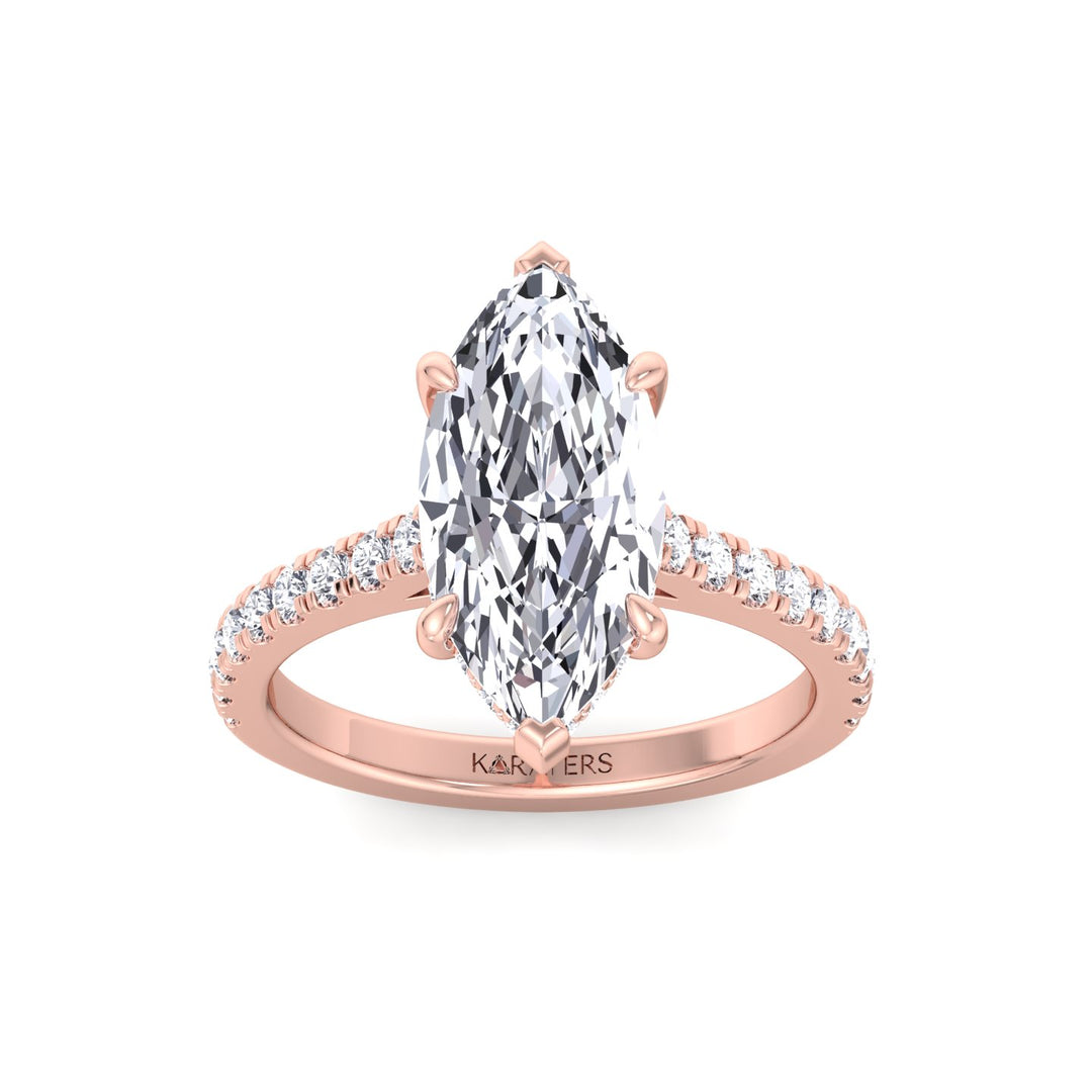 Marquise Shape Lab Grown Diamond Engagement Ring With Hidden Halo & Sidestones Rose Gold 14K 18K